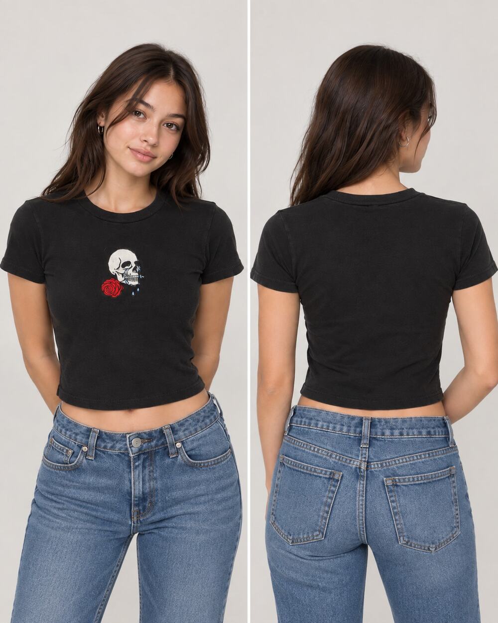 John Galt California Black Skull Rose Graphic Baby Tee Short Sleeve
